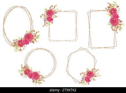 Set aus goldenen Blumenrahmen aus Dahlien, Laub, getrockneten Blumen und Hüftrosen. Aquarelldesign für Karten, Einladungen, Ankündigungen usw. Weddi Stockfoto