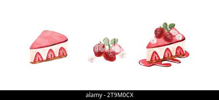 Set Desserts, Stück Käsekuchen mit frischen Erdbeeren. Handgezeichnete Aquarellillustration isoliert auf weißem Hintergrund. Perfektes Essen, Essen Stockfoto