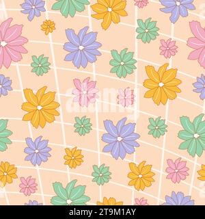 Hand drawn seamless pattern with flowers in candy colors and grid on background.  Stock Vektor