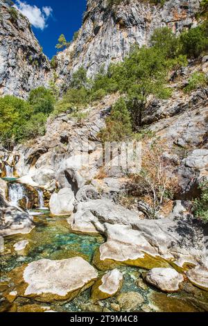 Bergfluss mit klarem Wasser fließt in die Bergschlucht mit Felsen. Stockfoto