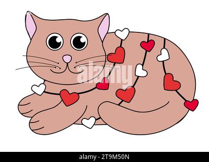 Cartoon Valentinstag Katzenfigur. Niedlicher Kätzchen in Girlande mit Herzen. Illustration der Vektorabwicklung. Stock Vektor