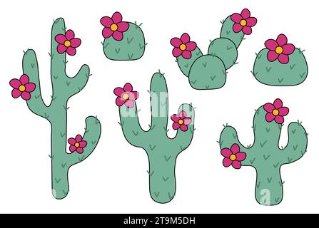 Set aus verschiedenen Kaktuspflanzen mit Blumen. Illustration des Vektors auf weißem Hintergrund isoliert. Stock Vektor