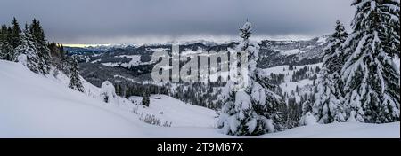 Anspruchsvolle Schneeschuhtour zum Tennenmooskopf auf der Nagelfluhkette in den Allgauer Alpen Stockfoto