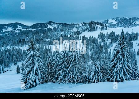 Anspruchsvolle Schneeschuhtour zum Tennenmooskopf auf der Nagelfluhkette in den Allgauer Alpen Stockfoto