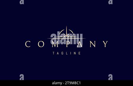 Goldenes Vektor-Logo mit einem abstrakten Bild eines Sonnenaufgangs über dem Horizont. Stock Vektor