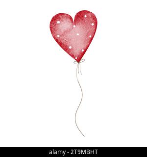 Aquarellroter Herzballon auf einem Band. Niedliches Design für Valentinskarten und Einladungen. Stockfoto