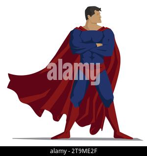 Ein männlicher Superheld in einem blauen Anzug und einem roten umhang steht mit überkreuzten Armen. Die Figur ist auf weißem Hintergrund isoliert. Stock Vektor