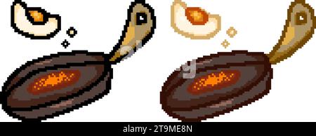 Bratpfanne und Spiegelei in Pixelstil gezeichnet, eine mit schwarzer Umrandung, eine mit farbiger Umrandung ohne Hintergrund Stockfoto