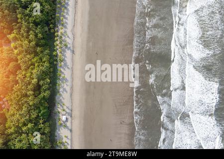 Breiter, sauberer tropischer Strand mit Palmen und weißen Wellen über der Drone Stockfoto