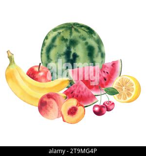 Ein Set Obst, Zitrone, Wassermelone, Kirsche, Apfel, Banane. Aquarellabbildung. Eine Komposition aus saftigen tropischen Früchten. Gesunde Ernährung. Ernte Stockfoto
