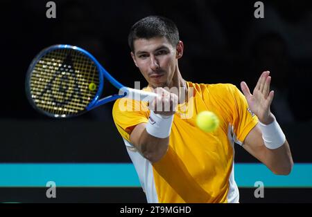 Der Australier Alexei Popyrin spielte im Finale des Davis Cup 2023 im Palacio de Deportes Jose Maria Martin Carpena in Malaga, Spanien, gegen den Italiener Matteo Arnaldi. Bilddatum: Sonntag, 26. November 2023. Stockfoto