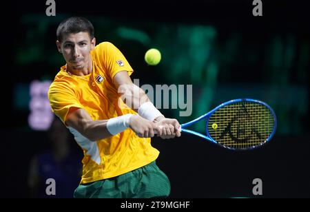 Der Australier Alexei Popyrin spielte im Finale des Davis Cup 2023 im Palacio de Deportes Jose Maria Martin Carpena in Malaga, Spanien, gegen den Italiener Matteo Arnaldi. Bilddatum: Sonntag, 26. November 2023. Stockfoto