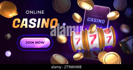 Online Casino Webbanner mit Jackpot-Spielautomat, Knopf, Neon-Smartphone und fliegenden goldenen Münzen und Würfeln auf dunklem Hintergrund. Lucky Fortune, Slots-Spiel mit Preissymbolen. Vorlage für Glücksspiel-Website. Stock Vektor