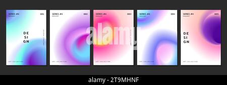 Hintergrund mit Fluidgradienten mit radialer Unschärfe Neon-Effekt. Set von Abdeckungen Designvorlage mit verschwommenen, leuchtenden Kreisen und irisierenden Farbabstufungen. Poster oder Flyer mit abstrakten, kreisrunden Leuchtfarben Stock Vektor