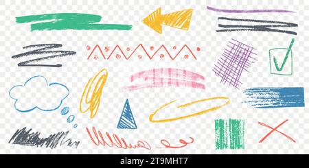 Handgezeichnetes farbiges Bleistift-Strichlinien, Raster und Schnitzel Set. Farbstriche, Buntstift lockige Kritzeleien. Grungy Pinsel mit Stiften, strukturierte Kritzelkreide, Linien und Wellen. Stock Vektor