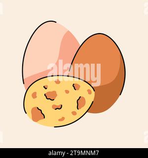 Handgezogene Eier: Huhn und Wachtelfarbe. Cartoon unverarbeitete Lebensmittel. Isolierte Vektordarstellung. Stock Vektor