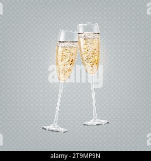 Realistische Sektgläser. 3D isoliertes Glas mit Wein Drinks, Glitzerblase in transparenter Tasse, Beifall Toast, weihnachten romantischer Prosecco, Vektor-Illustration von realistischem Alkohol Champagner Stock Vektor