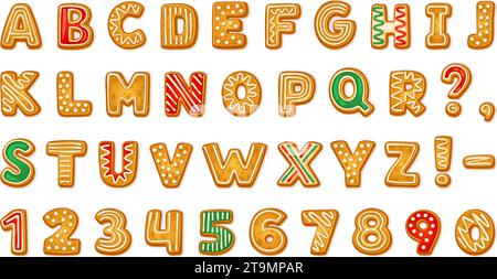 Lebkuchen-Alphabet. Kekse Buchstaben und Zahlen Textkommunikation, Weihnachtskekse Schriftart leckere Ingwerbrottypografie, weihnachtsfeiertag abc Schriftzug Vektor Illustration der Alphabet Schriftart Lebkuchen Stock Vektor