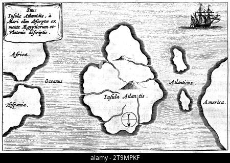 Atlantis. Athanasius Kirchers Karte von Atlantis in der Mitte des Atlantischen Ozeans aus Mundus Subterraneus 1669, veröffentlicht in Amsterdam Stockfoto