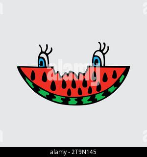 Wassermelonenscheibe mit Augen. Doodle-STYLE. Schneiden Sie Wassermelone. Stock Vektor