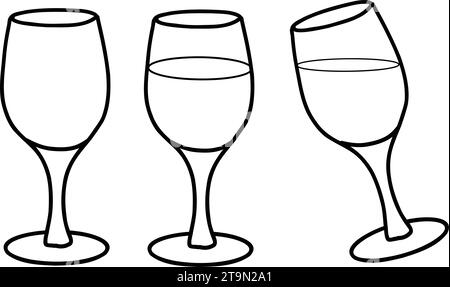 Leere und volle Weingläser. Vektorzeichnung isoliert. Handgezeichnete Illustration, Strichgrafik. Alkohol Getränk Glasgeschirr kritzelnd. Stock Vektor