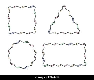 Rahmenkontur festgelegt. Handgezeichnete dekorative Kritzeltinte Pinsel Strichlinie, Pastellfarben, Wellenlinie, Kreis, Quadrat, Rechteck, Dreiecksformen für Stock Vektor