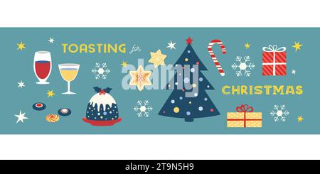 Festliche Weihnachtsfeier Vektor niedliche Designelemente. Weihnachtsbaum, Getränk, süßes Essen, Toasten von Weihnachtsbriefen. Bar, Restaurantmenü Stock Vektor