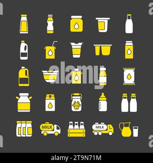 Vektorsymbol für Milchdosen und Flaschen auf dunklem Hintergrund. Schild für Milchprodukte. Diagrammsymbol für Design, Logo, App, UI und Website für das Kochen Stock Vektor