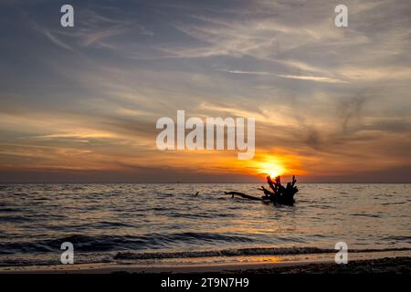 Wunderschöne Wolken bei Sonnenuntergang am Strand Stockfoto