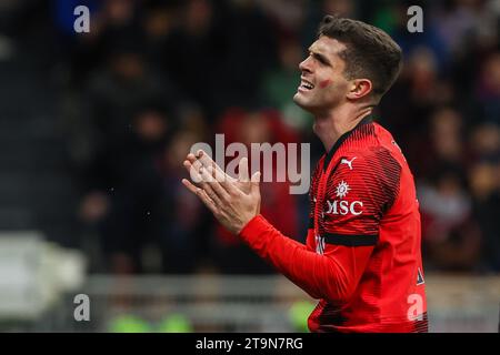 Mailand, Italien. November 2023. Christian Pulisic vom AC Milan reagierte am 25. November 2023 während des Fußballspiels der Serie A 2023/24 zwischen AC Milan und ACF Fiorentina im San Siro Stadion in Mailand Stockfoto