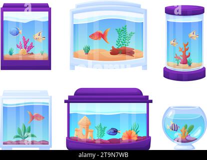 Karikaturglas-Aquarien. Isoliertes Aquarium mit exotischen tropischen Fischen und Unterwasserpflanzen, Muscheln und Holz. Haus- oder Kaffeedekoration, heute Vektor Stock Vektor