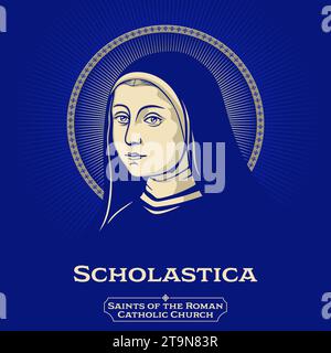 Katholische Heilige. Scholastica (480–543) ist eine heilige der Katholischen Kirche, der Ostorthodoxen Kirchen und der Anglikanischen Gemeinschaft. Stock Vektor