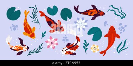 Koi-Fische und Teichelemente. Japanische Cartoon-Karpfen. Verschiedene Farben. Dekorative Flora und Fauna von oben. Goldfische schwimmen im See. Seerose und Stock Vektor