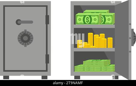 Geschlossener und geöffneter Safe. Eisenschrank für zu Hause oder Bank. Grüne Dollarscheine und goldene Münzen sorgen für Sicherheit. Reichtum und Finanzierung neoterischer Vektor Stock Vektor