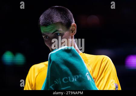 Malaga, Spanien. November 2023. Alexei Popyrin aus Australien wurde im Davis Cup 2023 im 1. Spiel zwischen Australien und Italien im Palacio de los Deportes Jose Maria Martin Carpena gesehen. Endstand; Australien 1:2 Italien. Quelle: SOPA Images Limited/Alamy Live News Stockfoto