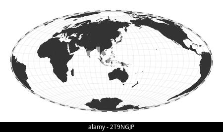 Vektor-Weltkarte. Aitoff-Projektion. Einfache geografische Weltkarte mit Breiten- und Längengraden. Zentriert auf 120 Grad W Länge. Stock Vektor