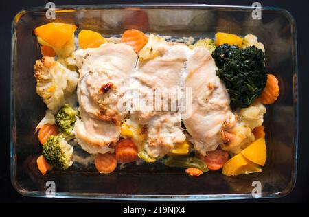 Hühnerfilet mit Gemüse, hausgemachte Speisen, gekochtes Gericht im Ofen, Blick von oben. Stockfoto
