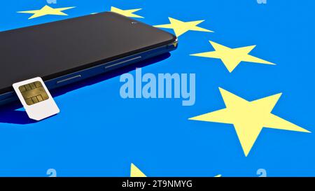 Mobiltelefon und sim-Karte, Abschaffung des Roamings in der Europäischen Union. Europa-Flagge, Kopierraum. 3D-Rendering Stockfoto