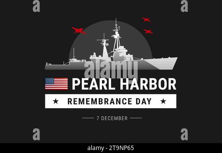 Pearl Harbor Attack Memorial Remembrance Day mit einem Schlachtschiff und Flugzeugen auf schwarzem Hintergrund - Vektorillustration perfekt für Pearl Harbor Konzept Stock Vektor