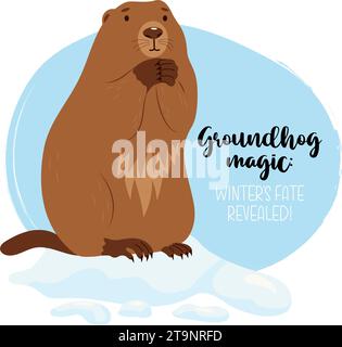 Niedliches Tiermurmeltier, das im Schnee steht. Grußkarte für den Feiertag des Groundhog Day mit coolem Slogan. Februar. Vektorabbildung Stock Vektor