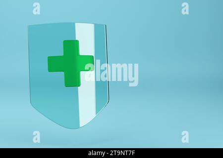 Kristallschild mit einem grünen Kreuz, isoliert auf blauem Hintergrund. Symbol für medizinisches Schutzschild. 3D-Abbildung. Stockfoto