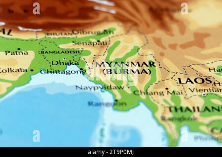 Weltkarte der asiatischen Länder, myanmar oder birma, bangladesch aus nächster Nähe Stockfoto