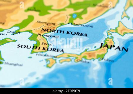 Weltkarte der asiatischen Länder, Nord- und südkorea und japan aus nächster Nähe Stockfoto