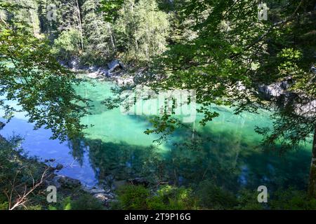 Die Farben des Lago di Fusine Superiore Sees sind vom Wald aus gesehen Stockfoto