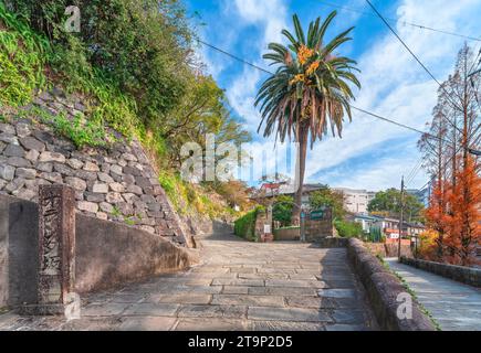 nagasaki, kyushu - 13. dezember 2022: Mit Stein gepflasterter Hang namens Dutch Slope oder Holland Zaka mit einer Palme im Hintergrund, die zur Privatschule führt Stockfoto