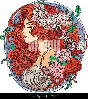Hand gezeichneter Vektor einer Frau mit langen roten Haaren, Blumen, ovale Zusammensetzung Stock Vektor