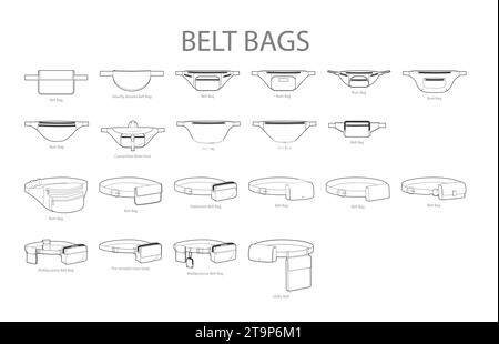 Set mit Gürtelbum-Silhouettentaschen. Mode Accessoire technische Illustration. Vektor-Umhängetasche vorne 3-4 Ansicht für Männer, Frauen, Unisex-Stil, flache Handtasche CAD Modell Skizze Umriss isoliert Stock Vektor