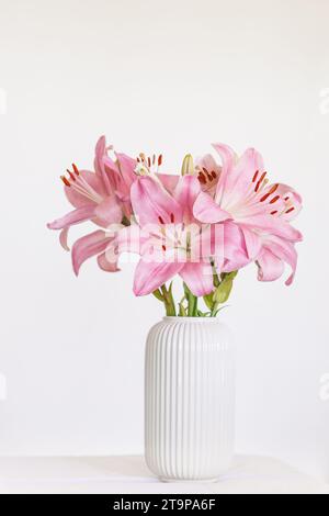 Wunderschöner Strauß aus rosa Lilien in einer weißen Vase. Stockfoto