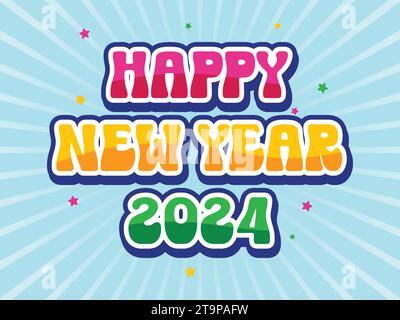 Modern Retro Happy New Year 2024 Grußkarte Illustration Stock Vektor