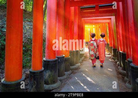 Kyoto, Japan - 1. April 2023: Fushimi Inari-taisha, erbaut im Jahr 1499, ist es das Symbol eines Weges, der von Tausenden von Torii-Toren mit malerischer, voller Blüte gesäumt ist Stockfoto